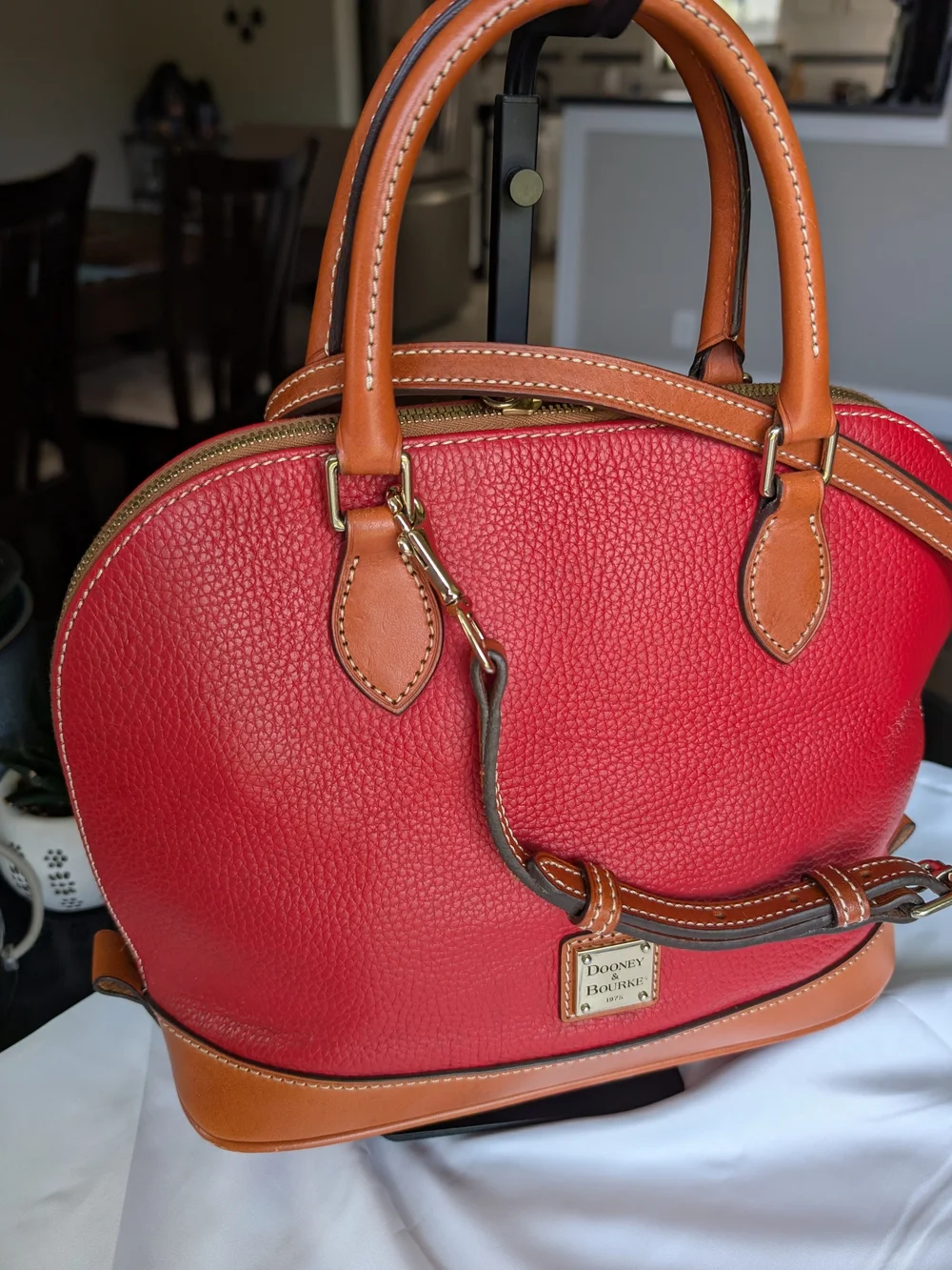 Dooney & Bourke Red Pebbled Leather Satchel with Tan Trim.Used In Great Conditio